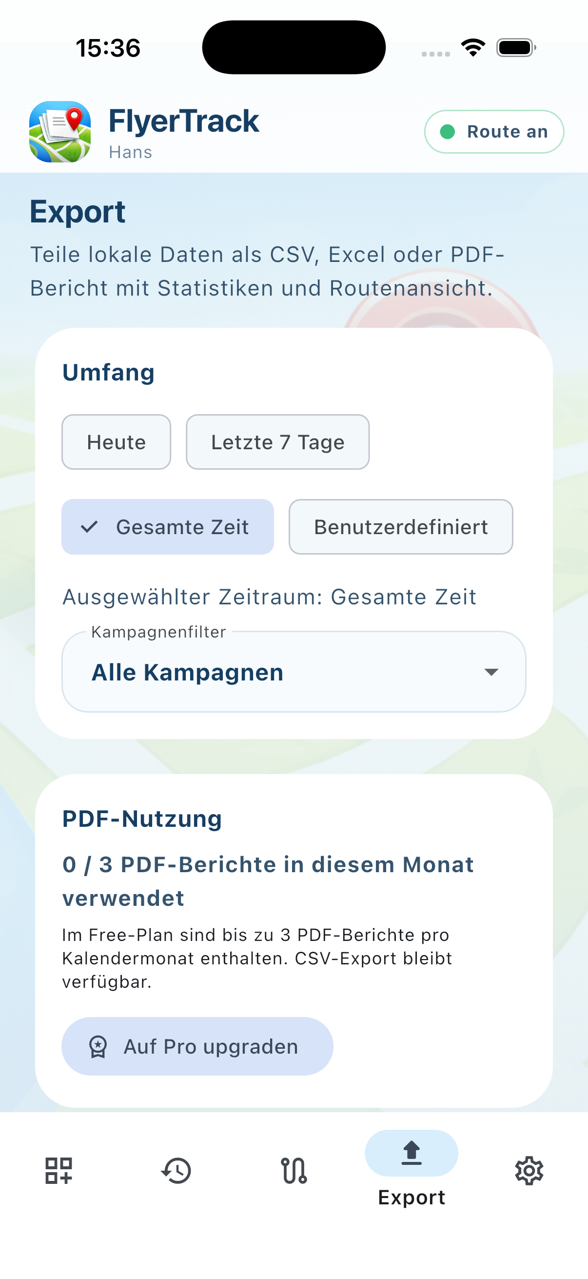 Routenverlauf und Nachweis