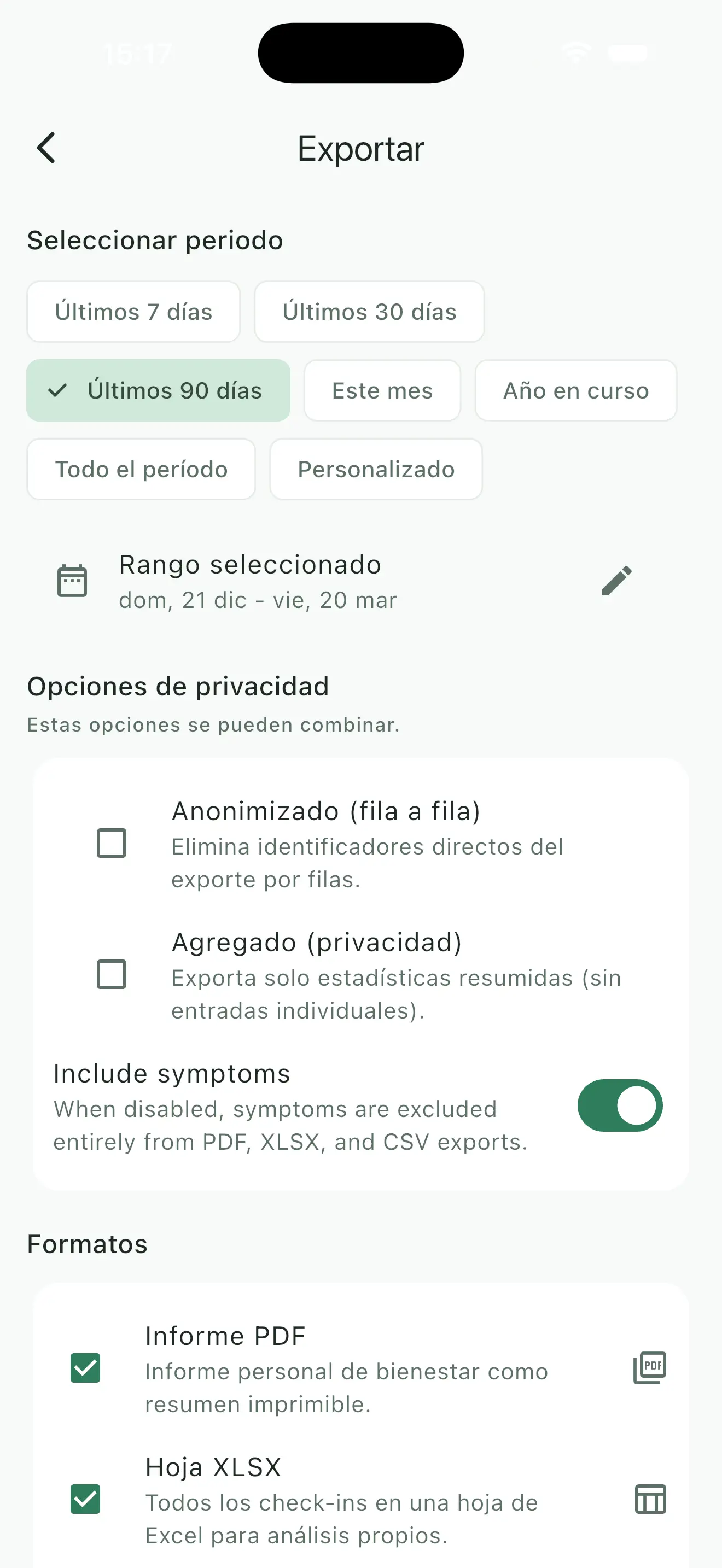 Opciones de exportacion